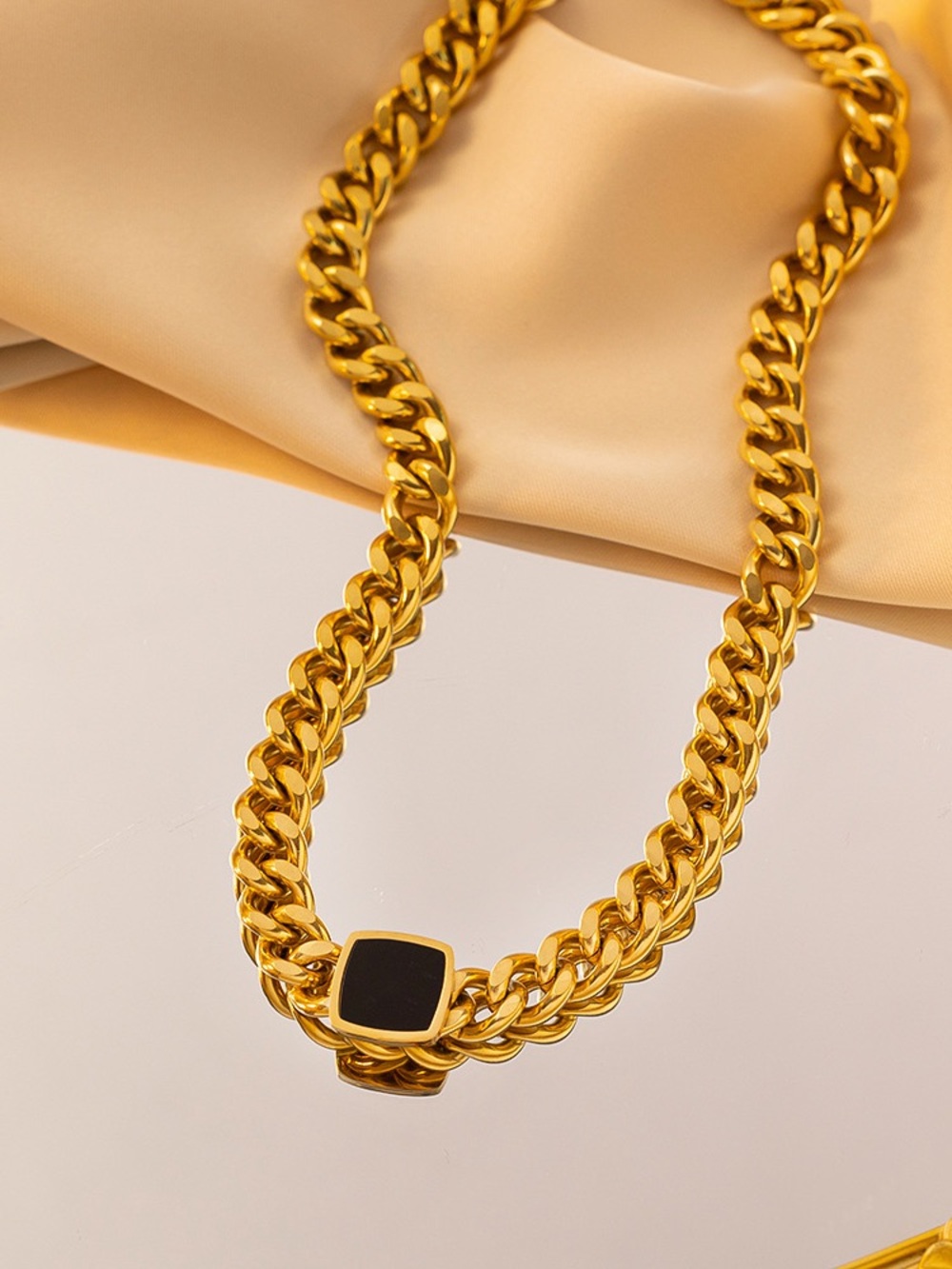 Gold Chain Necklace and Bracelet Set with Black Accent - Picture 2 of 5